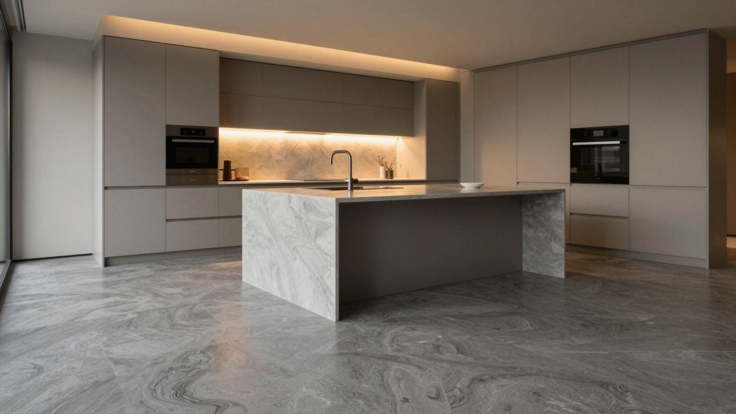 Seamless microcement floor in a modern kitchen